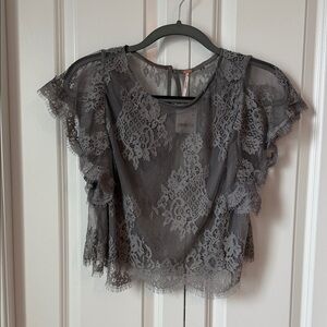 Free People Lunar Ash Lace Top Gray Lace Boho Blouse NWT Size L (Retail $58)
